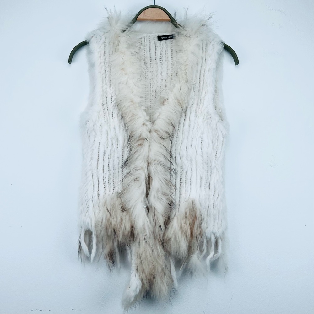 Dolce Cabo Rabbit Fur Vest with Raccoon Trim Ivory Multi Size Small - Picture 2 of 15